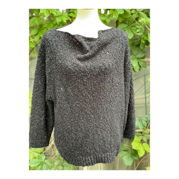 Vintage 80s Acrylic Boucle Knit Sweater Cowl Neck Black Silver Metallic sz 42 - Picture 1 of 9